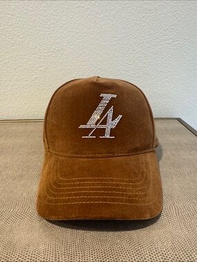 Crystal LA Logo Brown Suede Baseball Cap